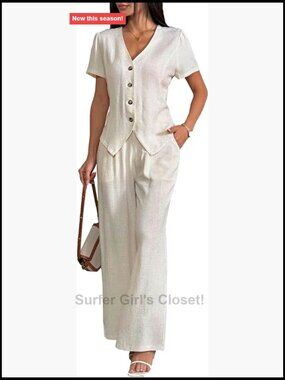 Linen Blend 2 Piece Outfits Summer Short Sleeve V Neck Shirt Wide Leg Pant Suit